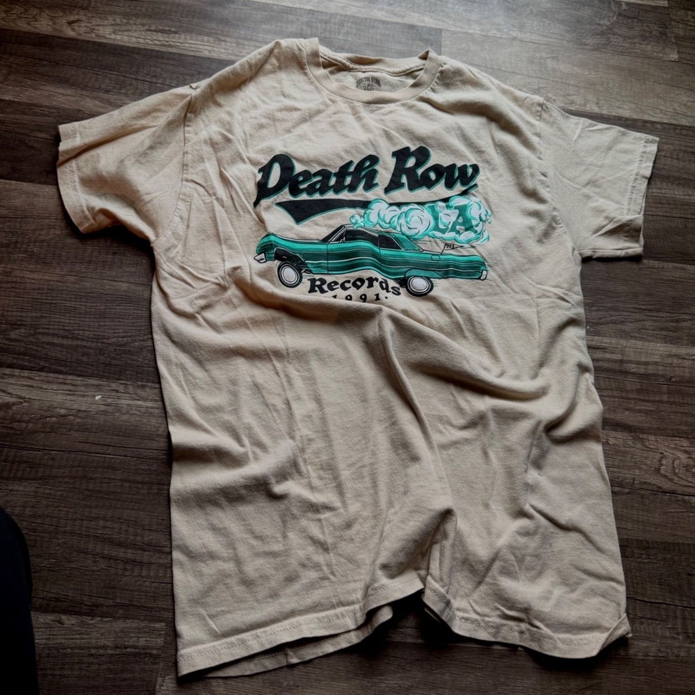 Death Row Records Graphic T-Shirt Tan Mens 1991 LA Hip Hop Streetwear